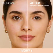 Softlight Powder Foundation before and after in shade Ivory 1, Luscious Cosmetics