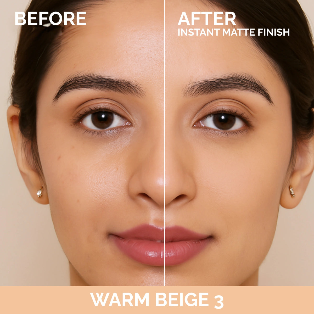 Softlight Powder Foundation before and after in shade Warm Beige 3, Luscious Cosmetics