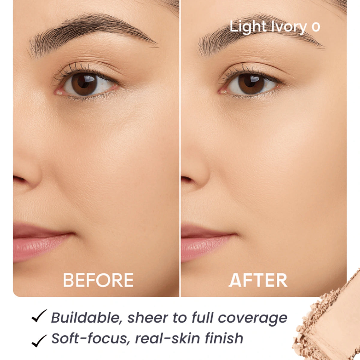 Softlight Setting Powder before and after in shade Light Ivory 0, Luscious Cosmetics
