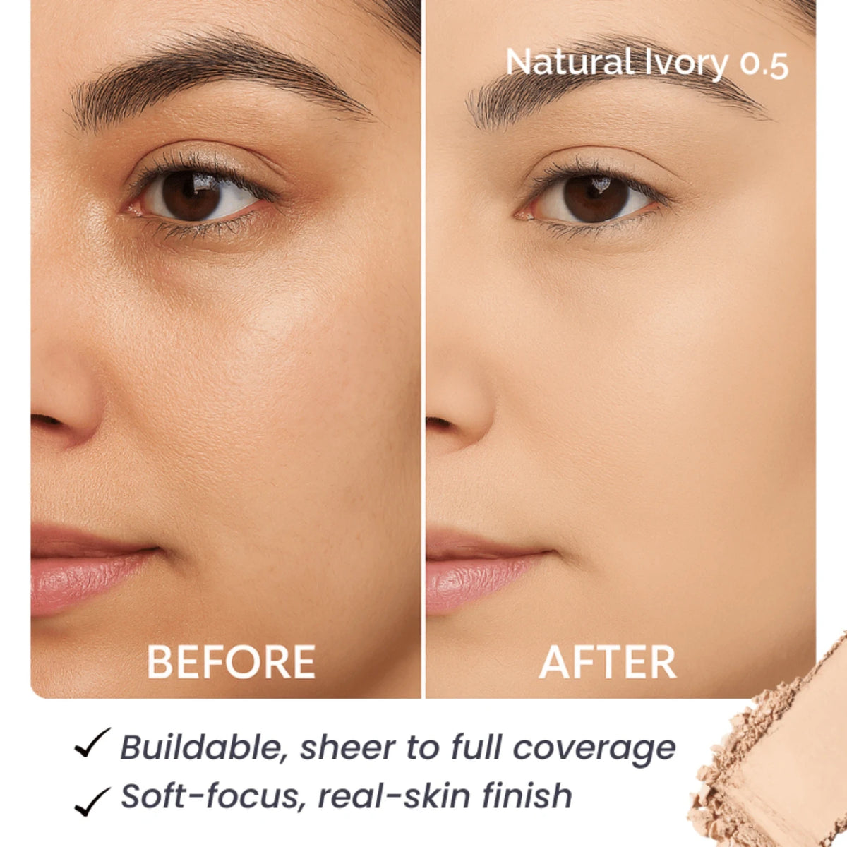 Softlight Setting Powder before and after in shade Natural Ivory 0.5, Luscious Cosmetics