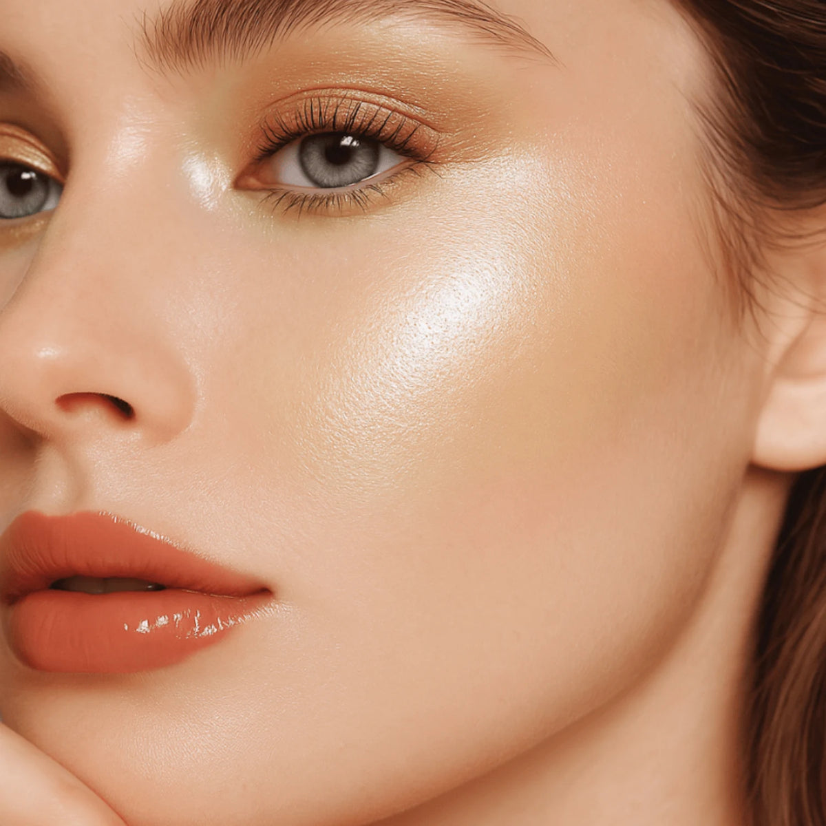 Sparkling Shimmer Highlighter in Starlight worn by a model, Luscious Cosmetics