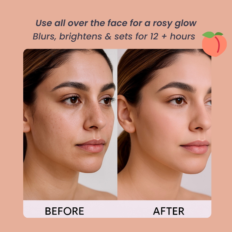 Before and after comparison showing the brightening and color-correcting effect of Luscious Cosmetics peach powder on the under-eye area.