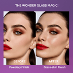 Luscious Cosmetics Wonder Glass makeup setting spray with a purple label on a purple background showing consumer test results.