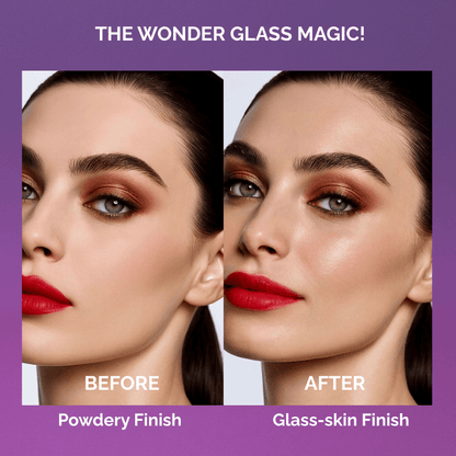 Luscious Cosmetics Wonder Glass makeup setting spray with a purple label on a purple background showing consumer test results.