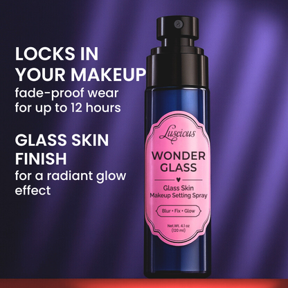 Luscious Cosmetics Wonder Glass makeup setting spray set with two bottles, gold ribbon, and New label on a white background.