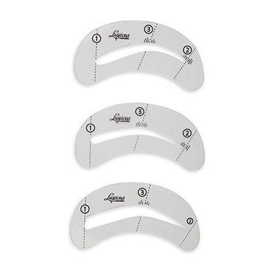  Luscious Cosmetics travel-friendly eyebrow tool kit featuring a mirrored compact with beige, medium brown, and dark brown brow powders, wax strip, tweezers, brushes, and eyebrow stencils.