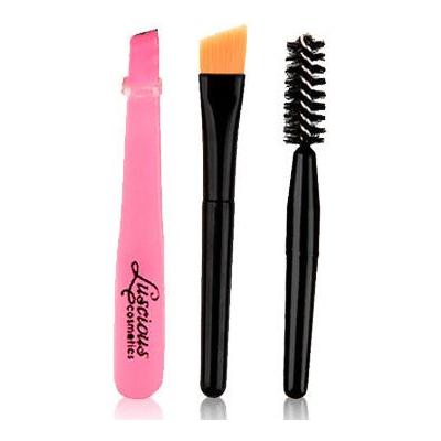  Luscious Cosmetics travel-friendly eyebrow tool kit featuring a mirrored compact with beige, medium brown, and dark brown brow powders, wax strip, tweezers, brushes, and eyebrow stencils.