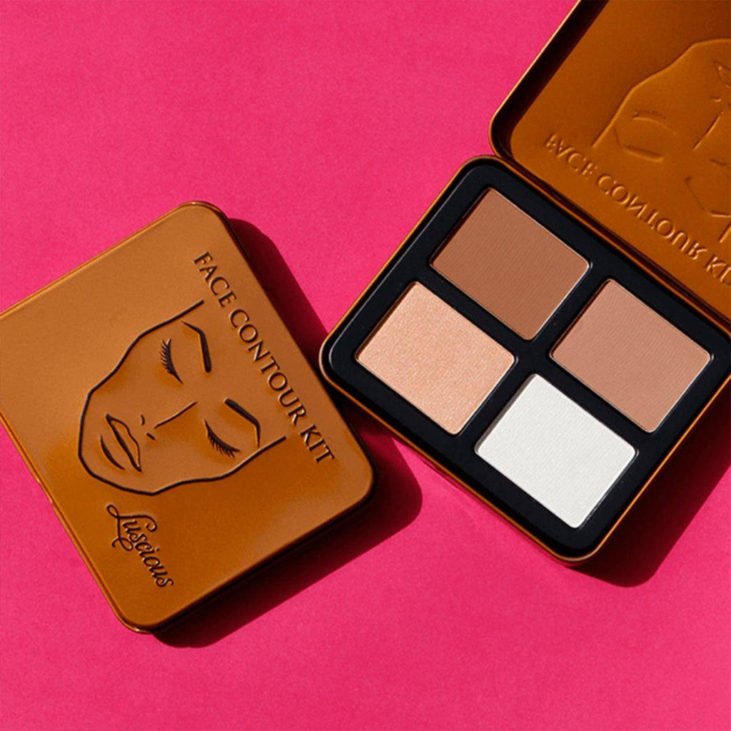 Luscious Cosmetics contour palette featuring four blendable powders for sculpting, contouring, highlighting, and illuminating the face.